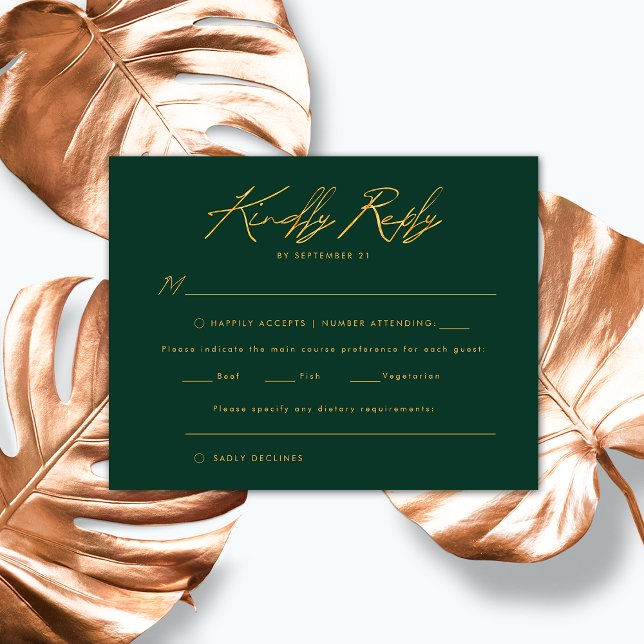 Cartão RSVP Casamento Elegante de Script Dourado Manuscrito Es (Criador carregado)