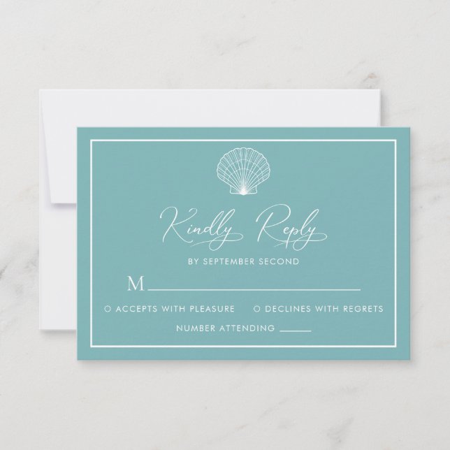 Cartão RSVP Casamento Elegante de Seashell Blue Beach Teal Lig (Frente)