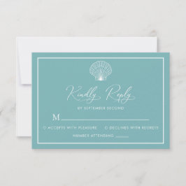 Cartão RSVP Casamento Elegante de Seashell Blue Beach Teal Lig
