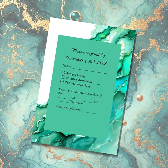 Cartão RSVP Casamento Elegante de Teal Marble Watercolor (Criador carregado)