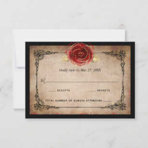 Cartão RSVP Casamento Elegante de Vintagem Negra Dourada da Ro