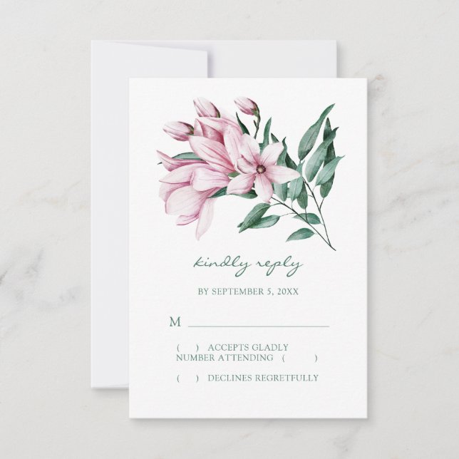 Cartão RSVP Casamento Elegante de Watercolor Magnolia Eucalypt (Frente)