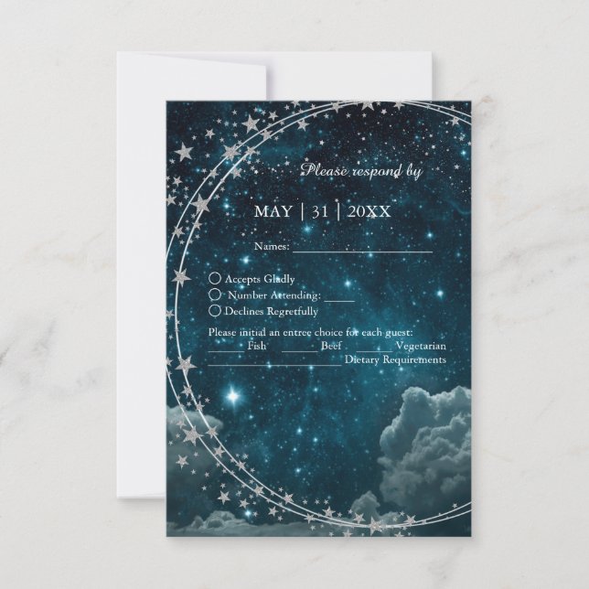 Cartão RSVP casamento elegante do céu da galáxia azul (Frente)