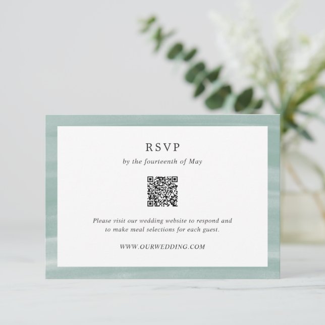Cartão RSVP Casamento elegante do Código QR Verde Mudado para  (Em pé/Frente)