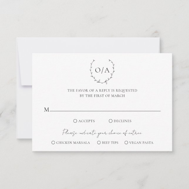 Cartão RSVP Casamento Elegante do Monograma Wreath Clássico (Frente)
