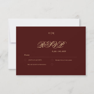Cartão RSVP Casamento Elegante Dourado Burgundy Real