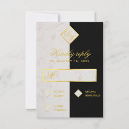 Cartão RSVP Casamento Elegante Dourado de Mármore Branco preto