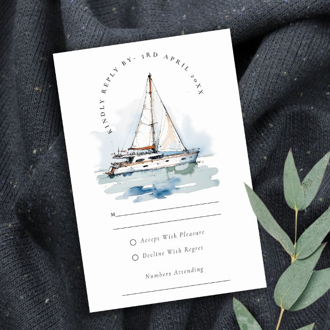 Cartão RSVP Casamento Elegante Dusky Sailboat Yacht Seascape (Criador carregado)