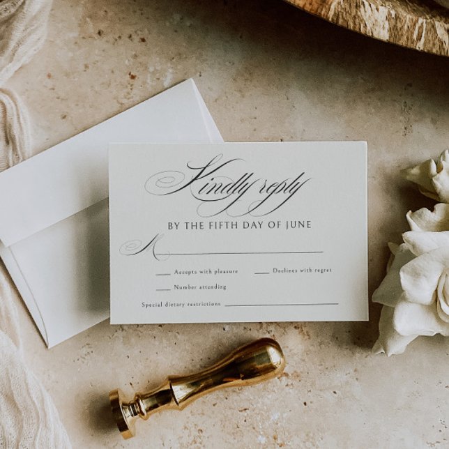 Cartão RSVP Casamento Elegante Ecru Black Calliografia (Criador carregado)