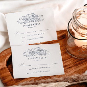 Cartão RSVP Casamento Elegante em Celeiro Rústico com Azul Mar