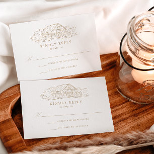 Cartão RSVP Casamento Elegante em Celeiro Rústico Dourado