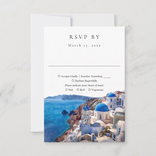 Cartão RSVP Casamento Elegante em Santorini Grécia em Aquarela (Frente)