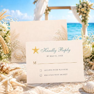 Cartão RSVP Casamento Elegante Estrela-do-Mar Oceano Azul