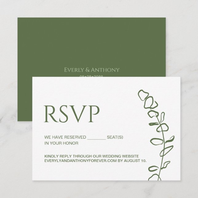 Cartão RSVP Casamento Elegante Eucalipto Assentos Reservados V (Frente/Verso)