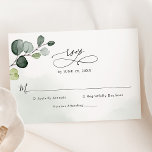 Cartão RSVP Casamento Elegante Eucalyptus Greenery<br><div class="desc">Projetado para coordenar com a nossa coleção de casamento Boho Greenery,  esta placa RSVP personalizável,  apresenta uma ramificação de eucalipto aquarela em relação a um delicado fundo de lavagem a aquarela com texto gráfico caligráfico,  emparelhado com uma serifa clássica e fontes modernas de sans a preto.</div>