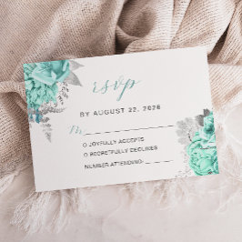 Cartão RSVP Casamento Elegante Floral Aqua Script Prata