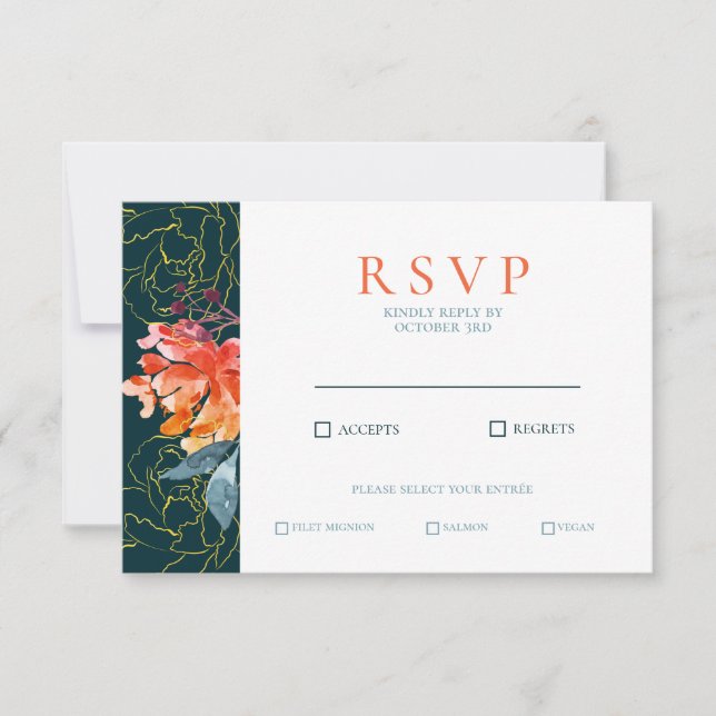 Cartão RSVP Casamento Elegante Floral de Coral Azul (Frente)