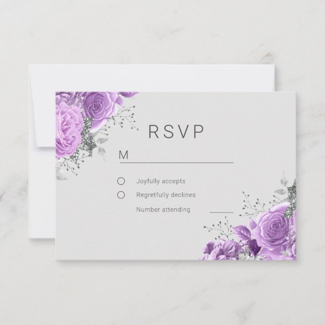 Cartão RSVP Casamento Elegante Floral de lavanda Roxo e Prata (Frente)