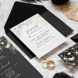 Cartão RSVP Casamento Elegante Floral Dourado Preto e Branco