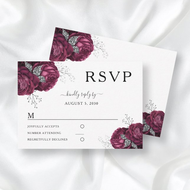 Cartão RSVP Casamento Elegante Floral Elegante de Borgonha Ele (Criador carregado)