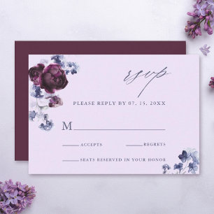 Cartão RSVP Casamento Elegante Floral Floral Azul de ameixa e