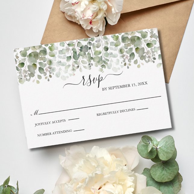 Cartão RSVP Casamento Elegante Formal de Eucalyptus Greenery (Elegant Eucalyptus Wedding RSVP card, Traditional Classic and Formal. )