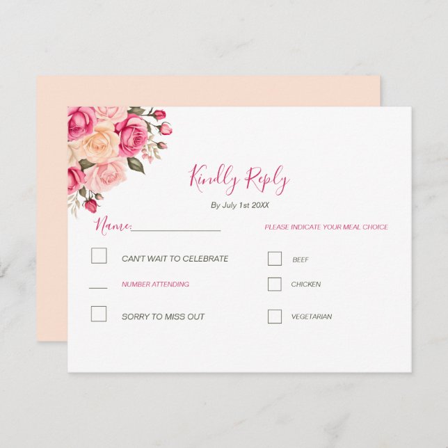 Cartão RSVP Casamento Elegante Fucia Pink e Ivory Rosa (Frente/Verso)