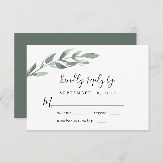 Cartão RSVP Casamento Elegante Greenery Watercolor (Frente/Verso)