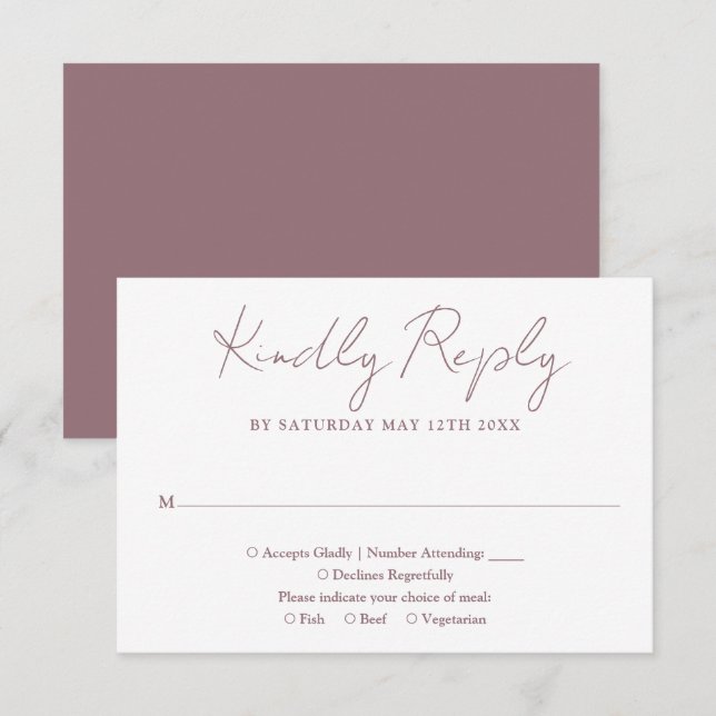 Cartão RSVP Casamento Elegante Mauve Minimalista Moderno (Frente/Verso)
