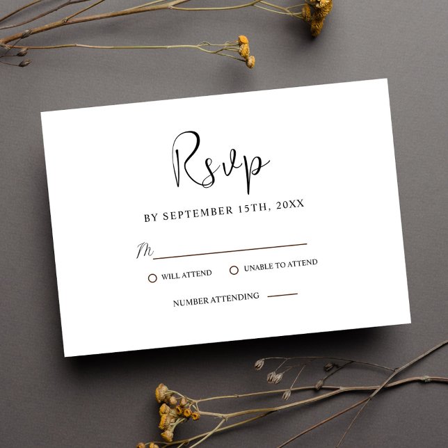 Cartão RSVP Casamento Elegante Mínimo Negro E Branco Moderno (Modern Minimal Black And White Elegant Wedding RSVP Card)