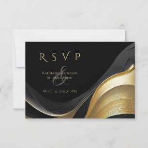 Cartão RSVP Casamento Elegante Moderno Abstrato Preto e Dourad