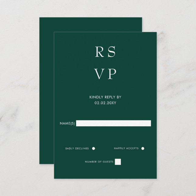 Cartão RSVP Casamento Elegante Moderno Emerald Green (Frente/Verso)