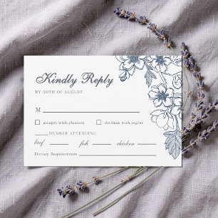 Cartão RSVP Casamento Elegante Monograma Azul Poento Toile Fra