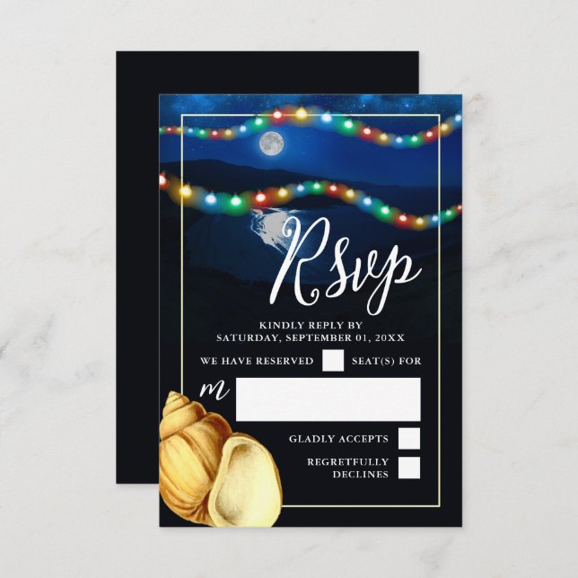 Cartão RSVP Casamento Elegante Moonlit Beach (Frente/Verso)