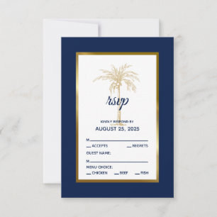 Cartão RSVP Casamento Elegante na Praia com Palmeira em Azul N