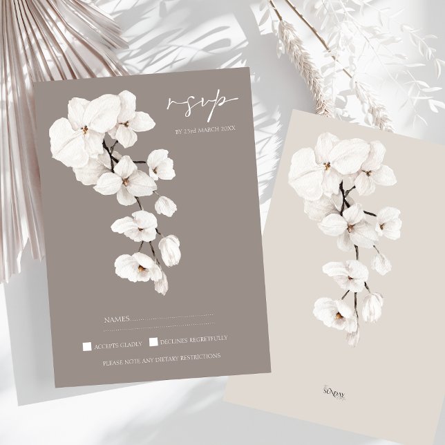 Cartão RSVP Casamento Elegante Orquídea Branca de Cinzas Moder (Modern Gray White Orchids Wedding RSVP Card)