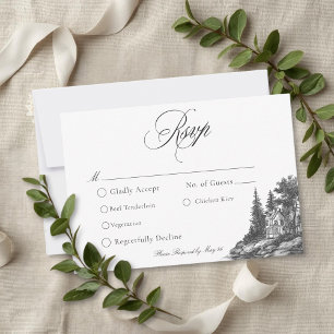 Cartão RSVP Casamento Elegante Preto e Branco Toile Manor Fran