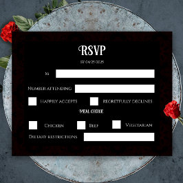 Cartão RSVP Casamento Elegante Preto e Vermelho Floral Gótico 