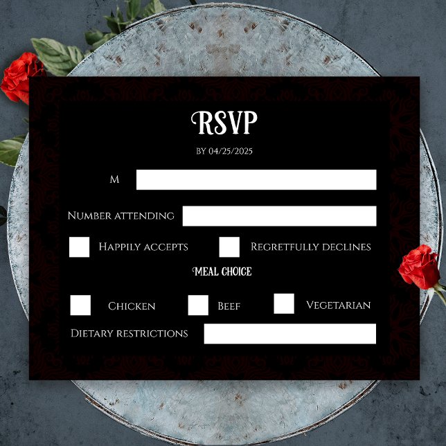 Cartão RSVP Casamento Elegante Preto e Vermelho Floral Gótico  (Black and Red Floral Gothic Dark Elegant Wedding RSVP Card)