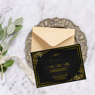 Cartão RSVP Casamento Elegante Preto Gótico Academia Sombria D