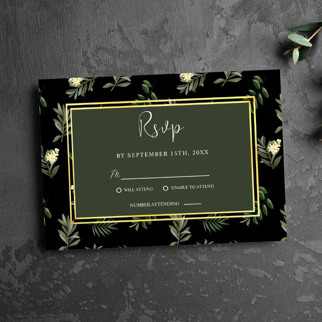 Cartão RSVP Casamento Elegante Russo Moderno Botânico Negro (Black Botanical Modern Rustic Elegant Wedding RSVP Card)