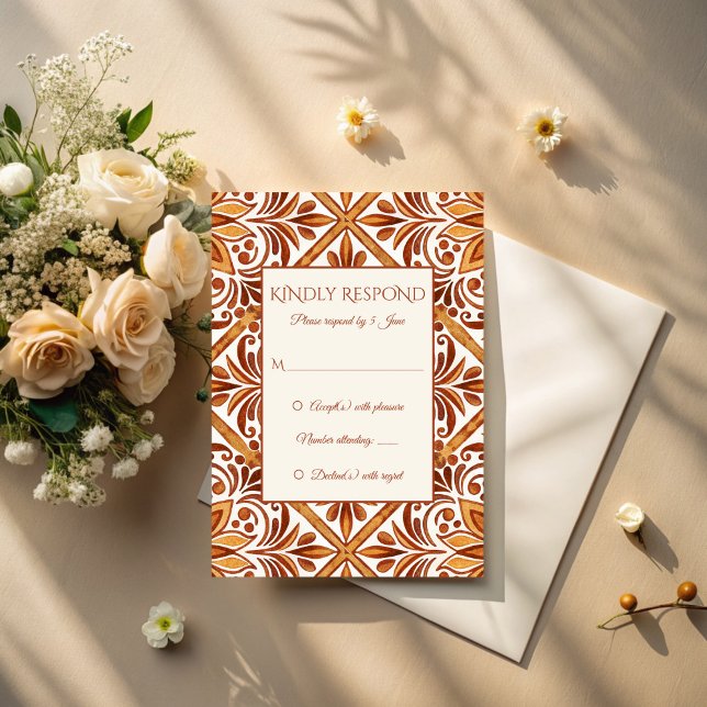 Cartão RSVP Casamento Elegante Terracotta Mexicano Talavera (Elegant Terracotta Talavera vintage Mexican wedding RSVP Card Talavera wedding invitation suite)