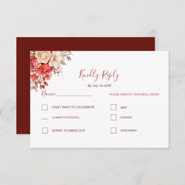 Cartão RSVP Casamento Elegante Vermelho e Rosa de Marfim (Frente/Verso)