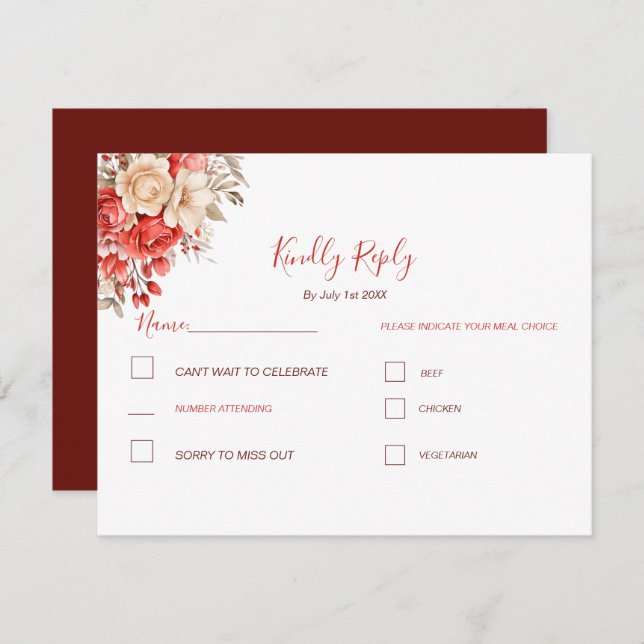 Cartão RSVP Casamento Elegante Vermelho e Rosa de Marfim (Frente/Verso)