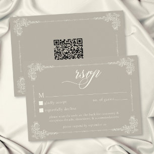 Cartão RSVP Casamento Elegante Vintage Barroco Neutro Bege Mar