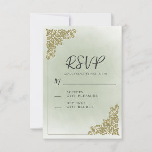 Cartão RSVP Casamento Elegante Vintage Verde Sage Dourado