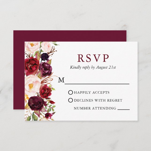 Cartão RSVP Casamento Elegante Watercolor Floral Burgundy (Frente/Verso)