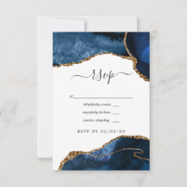 Cartão RSVP Casamento em Ágata Azul Marinho e Dourado