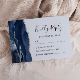 Cartão RSVP Casamento em Ágata Prata Azul Claro Moderna Marinh
