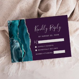 Cartão RSVP Casamento em Ágata Prata Turquesa Roxo